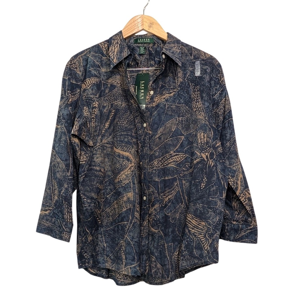 NWT Lauren Ralph Lauren Button Down Indigo Multi Batik Floral Print Shirt - XL - Picture 2 of 9